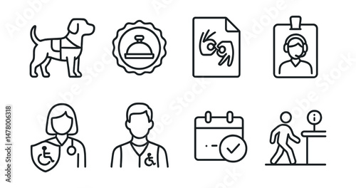Line style icons of accessible services: service dog icon, assistance bell badge, language interpreter file, support staff tag, customer care with access chart, access-trained helper icon, booking