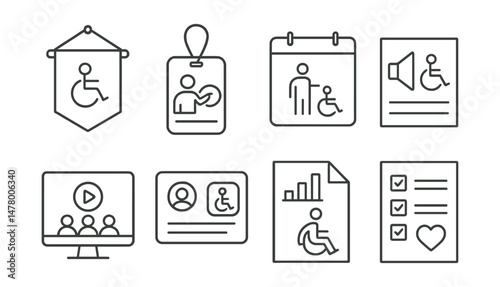 Line style icons of access awareness and learning: access symbol on banner, staff training badge, accessibility week calendar, campaign poster icon, learning module on inclusion, user story card,