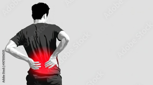 Back Pain Illustration Man Holding His Lower Back with Red Highlighted Area