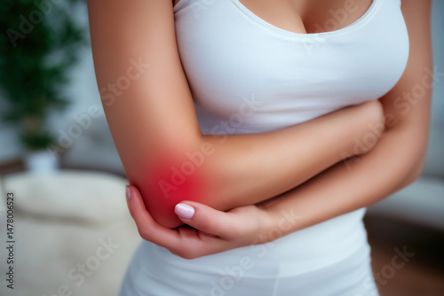 Diseases of the elbow joint, bone fracture and inflammation, woman suffering from pain in cubit, health problems concept photo