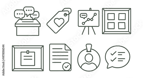 Line style icons of feedback and reflection: community feedback box icon, “what I loved” tag, suggestion chart board, reflection mural space, public thank-you board, improvement list file, event