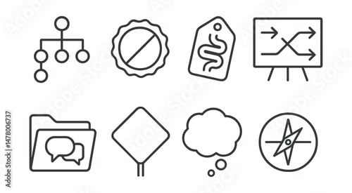 Line style icons of decision making: decision tree icon, pros and cons badge, gut check tag, guided choice chart, gather input file, slow down signboard, choose and reflect bubble, decision compass