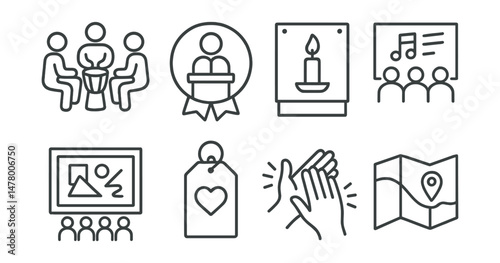 Line style icons of opening and closing rituals: welcome drum circle icon, opening speech badge, candle-light moment board, final community song chart, collective art reveal file, thank-you wall tag,