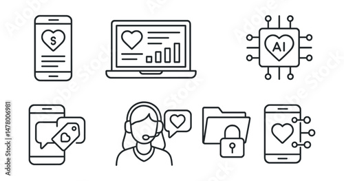 Line style icons of tech + charity: donation tracking app, charity CRM dashboard, AI for giving icon, campaign via SMS tag, online donor support bubble, secure giving file, tech-based outreach chart,