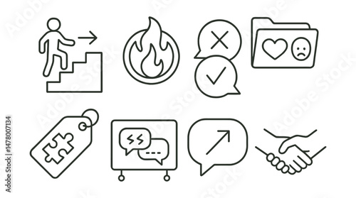 Line style icons of conflict resolution: step to repair icon, cool down first badge, talk through conflict chart, needs and feelings file, shared solution tag, safe disagreement board, agree to learn