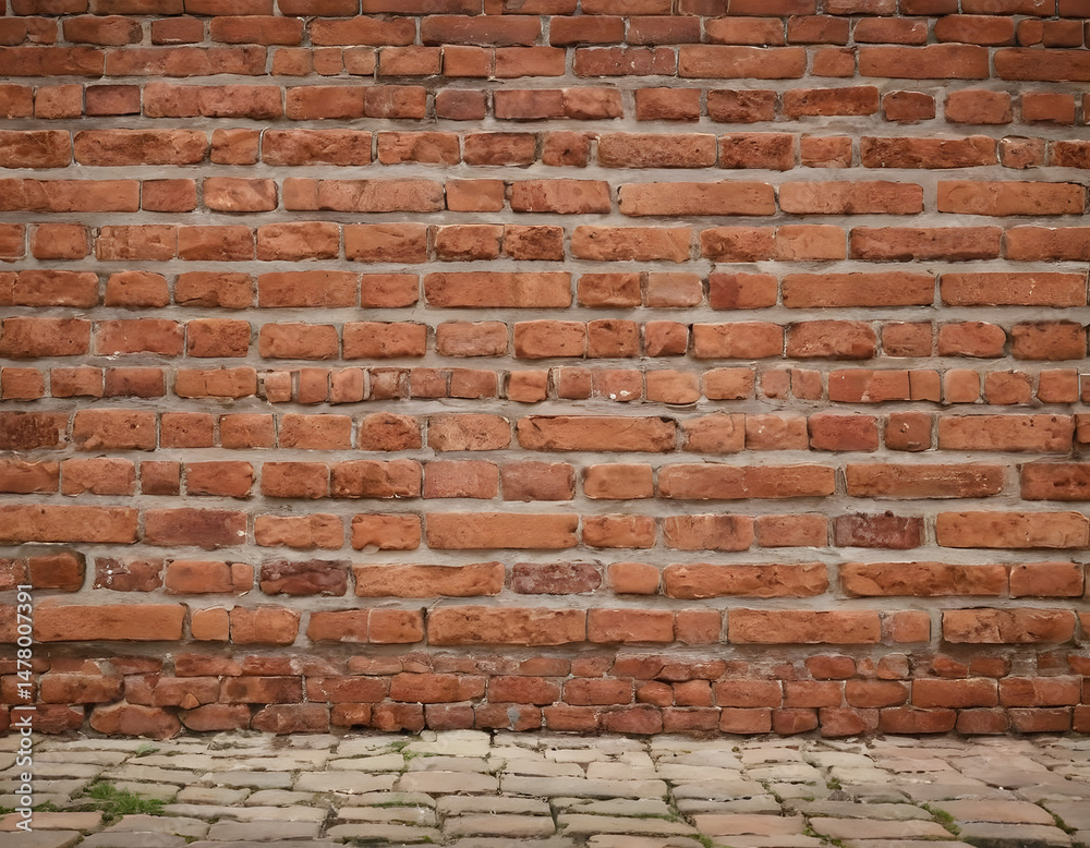 Obraz premium brick wall background with copy text space, Old red brick wall background, wide panorama of masonry.