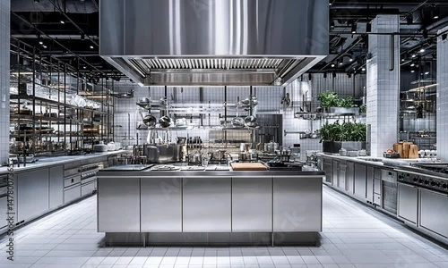 Sleek, modern commercial kitchen.  A spacious, stainless steel kitchen with high-end appliances,  organized countertops, and open shelving.  White tiled floor and ceilings enhance the minimalist 