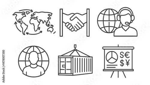 Line style icons of international charity: global outreach map, cross-border aid icon, translator in field badge, multi-currency donation tag, international donor symbol, shipping aid container,