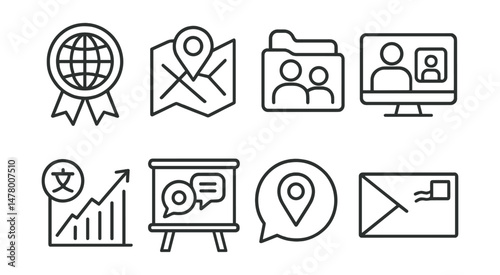 Line style icons of global and local connections: global issue badge, local place map tag, community partner file, Skype/Zoom classroom icon, translate it chart, cultural exchange board, place-based