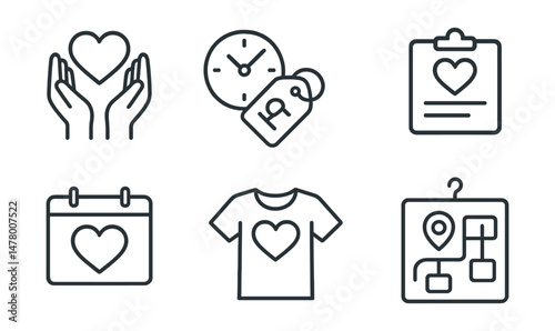 Line style icons of volunteer-driven charity: hands-on help icon, time donation badge, skills for good tag, volunteer appreciation file, service day calendar, team t-shirt symbol, help station map,