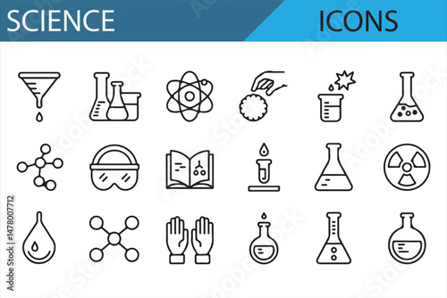 Icon collection of science equipment and molecules for educational content