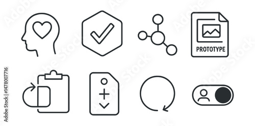 Line style icons of design thinking in class: empathize step icon, define the challenge badge, ideate mind map chart, prototype file, feedback loop board, test + reflect tag, iteration tracker bubble