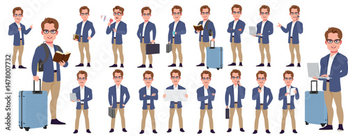Man Character design. Front, side, back view and explainer animation poses. Character set with lip sync and facial expressions of Happy, angry, sad, Joy with Side walk cycle animation sequence sprite 