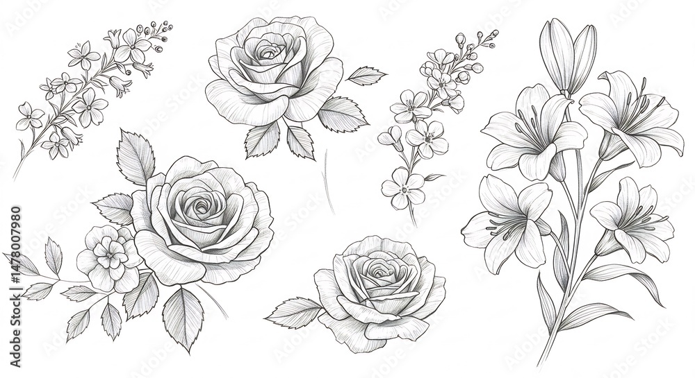繊細な鉛筆画 白黒の花々 エレガントな植物図鑑風. AI Generated 繊細な鉛筆画 白黒の花々 エレガントな植物図鑑風. AI Generated