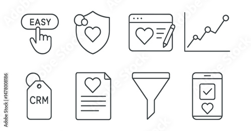 Line style icons of donation platform tools: easy donate button, donation match badge, donor wall editor, user analytics chart, CRM integration tag, donor form builder, donation funnel icon, gift