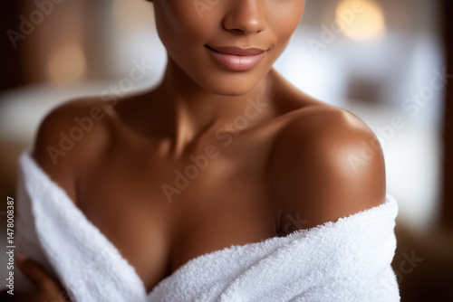 Skin care in the decollete area, a woman in a white bathrobe close-up