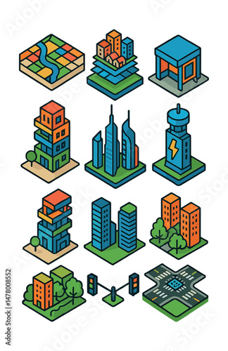 Isometric flat vector icons of Cityscape Evolution: dynamic zoning map, cityscape through time layers, pop-up modular shop, mixed vertical community, futuristic skyline proposal, energy-monitoring
