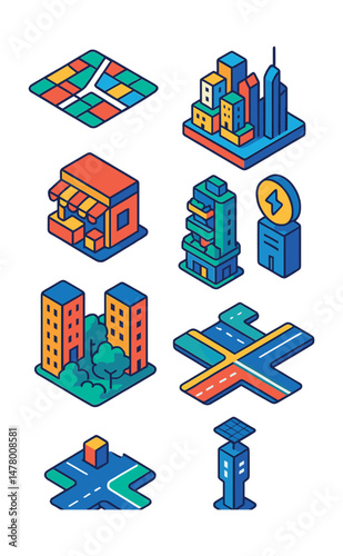 Isometric flat vector icons of Cityscape Evolution: dynamic zoning map, cityscape through time layers, pop-up modular shop, mixed vertical community, futuristic skyline proposal, energy-monitoring