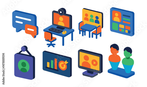 Isometric flat vector icons of Virtual Office Space: floating chat window, webcam-ready workstation, daily sync room, multitasking UI panel, virtual door sign, team goals dashboard, remote training