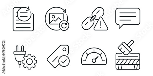 Line style icons of blog maintenance: update post icon, refresh image badge, broken link alert, comment moderation panel, plugin settings gear, performance check tag, site health meter, rebrand under