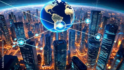 Digital Earth with Network Connections Over Modern City photo