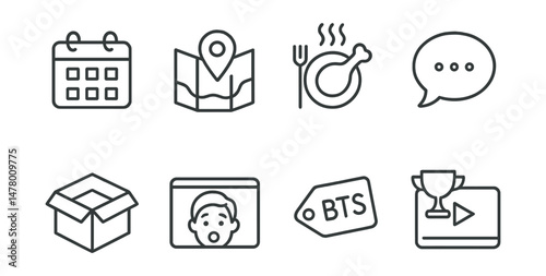 Line style icons of vlog content types: daily vlog calendar, travel vlog map pin, food review plate, lifestyle chat bubble, tech unboxing box, reaction face frame, behind the scenes tag, challenge
