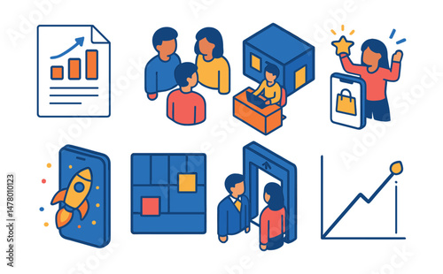 Isometric flat vector icons of Entrepreneurial Ventures: business plan document, early team formation, venture studio office, first customer celebration, mobile app launch day, lean canvas framework,