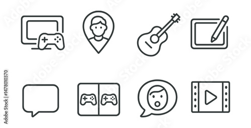 Line style icons of streamer content types: gaming stream icon, IRL stream badge, music stream guitar, art stream with stylus, just chatting tag, co-op gaming layout, reaction stream bubble, stream