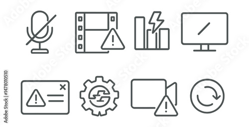 Line style icons of technical difficulties: mic not detected icon, dropped frame alert, bitrate error badge, black screen symbol, “stream crash” popup, hardware glitch tag, camera off warning, stream