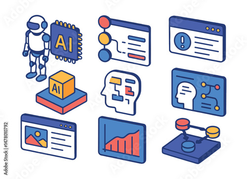 Isometric flat vector of AI Development: robotics with AI module, logic decision tree, algorithm debugging window, model deployment platform, explainable AI dashboard, generative AI sample window,