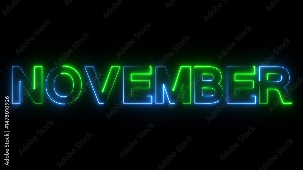 Abstract glowing text month November various neon color background. november text neon animation on black background