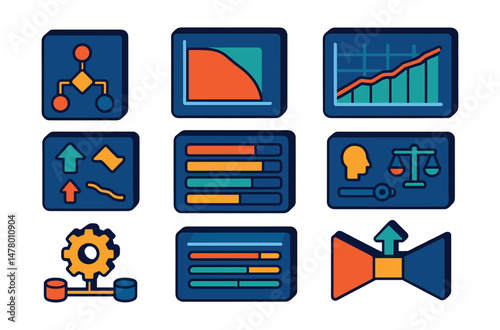 Isometric flat vector of Machine Learning Models: algorithm flow diagram, precision-recall curve, validation score tracker, dynamic learning rate screen, classification report window, pipeline