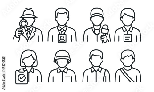 Line style icons of journalist roles: investigative journalist icon, news anchor badge, photojournalist with lens, field reporter mic, editorial writer tag, fact checker icon, war correspondent