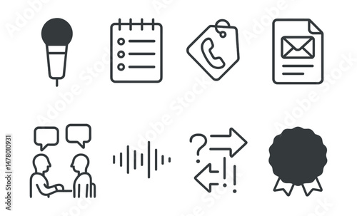 Line style icons of interview process: interview mic icon, question list notepad, phone interview tag, email response file, in-person talk scene, audio recording bar, fact clarification arrow, quote
