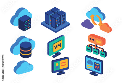 Isometric flat vector of Cloud Infrastructure: cloud server rack, data center isometric view, cloud sync arrows, multi-cloud deployment diagram, server load balancer, cloud database icon, virtual