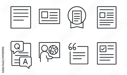 Line style icons of news article formats: headline + byline icon, news summary card, opinion column badge, in-depth analysis page, Q&A format sheet, editorial cartoon icon, quote block, reader poll