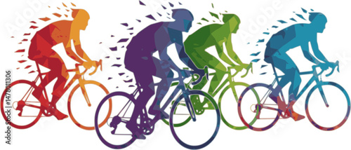 Cycling sport collage, double exposure of road cyclists, isolated vector low poly illustration with dispersion effect
