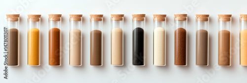 Glass test tubes filled with different shades of sand arranged in a row on a white background, showcasing natural earth tones