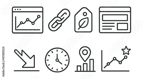 Line style icons of web analytics: pageviews graph, referral link icon, organic search tag, landing page layout, exit rate arrow, time on site symbol, event tracking icon, SEO ranking line.