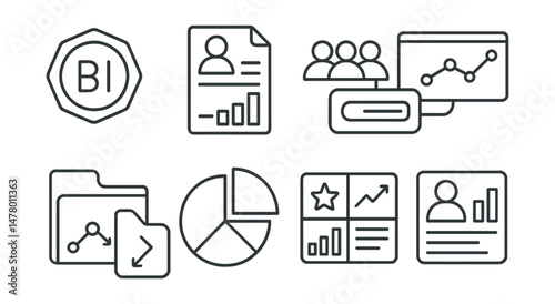 Line style icons of business intelligence: BI platform badge, executive summary icon, team insights board, key decision data tag, drill-down report file, data slice icon, company scorecard, analyst