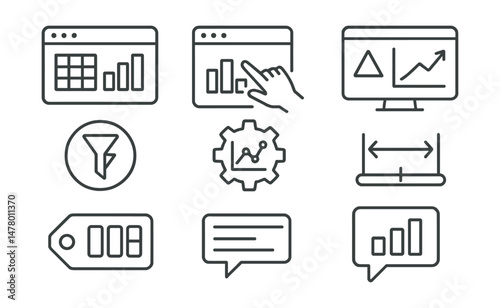 Line style icons of data visualization tools: chart builder screen, drag-and-drop dashboard, visual storytelling slide, interactive filters badge, graph customization symbol, axis range selector,
