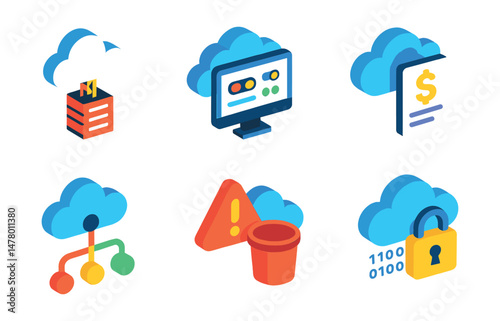 Isometric flat vector of Cloud Infrastructure: CDN edge node, cloud access control panel, compute engine icon, cloud billing tracker, network topology diagram, failover system alert, cloud storage