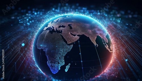 Earth represented by little dots, binary code and lines - big data, global business