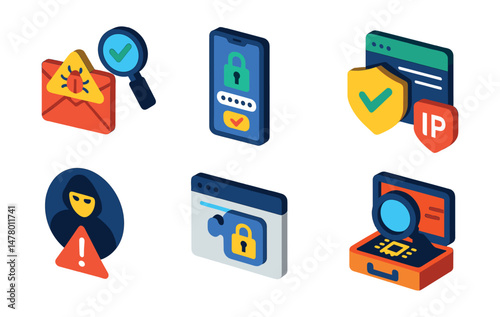 Isometric flat vector of Cybersecurity Essentials: email spoofing detector, two-step verification app, trusted site badge, IP address shield, social engineering warning, browser plugin for security,