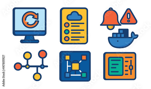Isometric flat vector icons of DevOps & Cloud Automation: continuous deployment monitor, cloud automation dashboard, docker container image, monitoring and alerting tool, version control timeline,