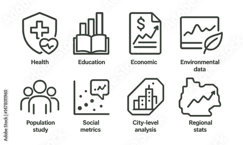 Line style icons of stats in context: health statistics badge, education stats chart, economic indicators file, environmental data graph, population study icon, social behavior metrics, city-level