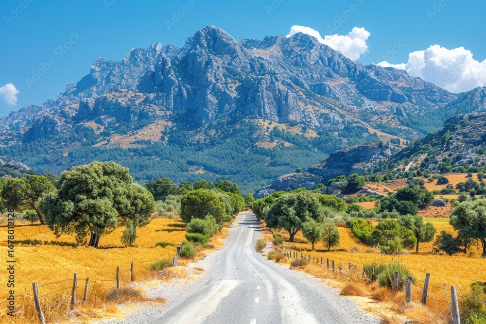 Naklejka premium Scenic mountain road through a golden valley.