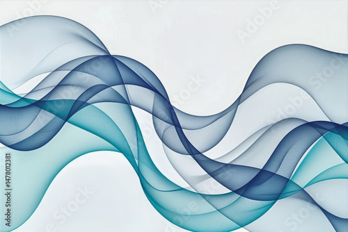 This digital artwork depicts flowing, abstract waves in shades of blue and white, creating a dynamic and ethereal visual effect.