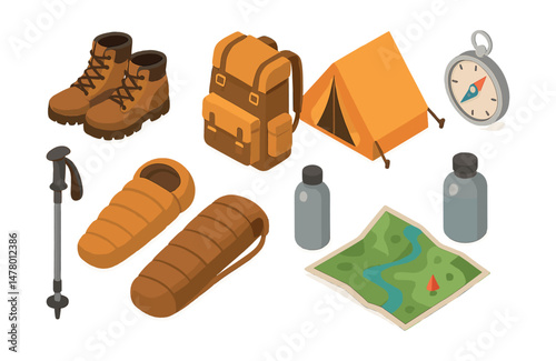 Isometric flat vector set of illustrations of outdoor adventure gear: hiking boots, backpack, tent, compass, water bottle, trekking pole, sleeping bag, map. Illustrations isolated transparent