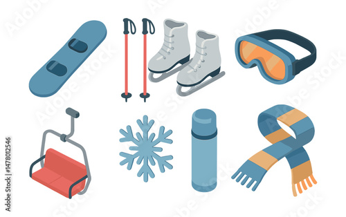 Isometric flat vector set of illustrations of winter sports activities: snowboard, ski poles, ice skates, snow goggles, ski lift, snowflake, thermal flask, wool scarf. Illustrations isolated